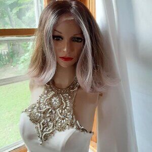 Brown and pink  lace front wig 14'' human mixed with synthetic heat friendly fib